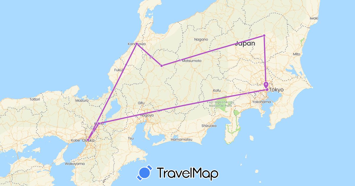 TravelMap itinerary: train in Japan (Asia)